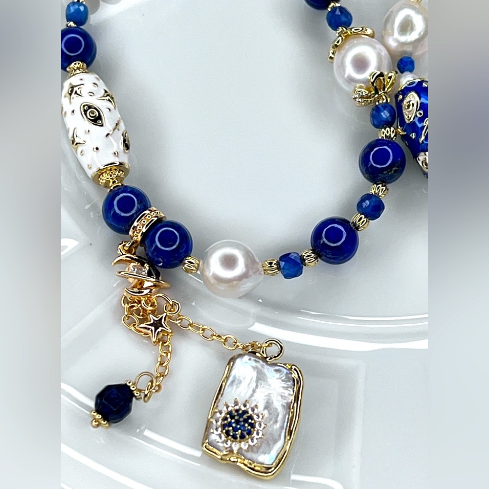 🤩🤩 Handmade Freshwater Edison Pearl Lapis Clear Quartz Necklace Bracelet SET - Picture 6 of 6